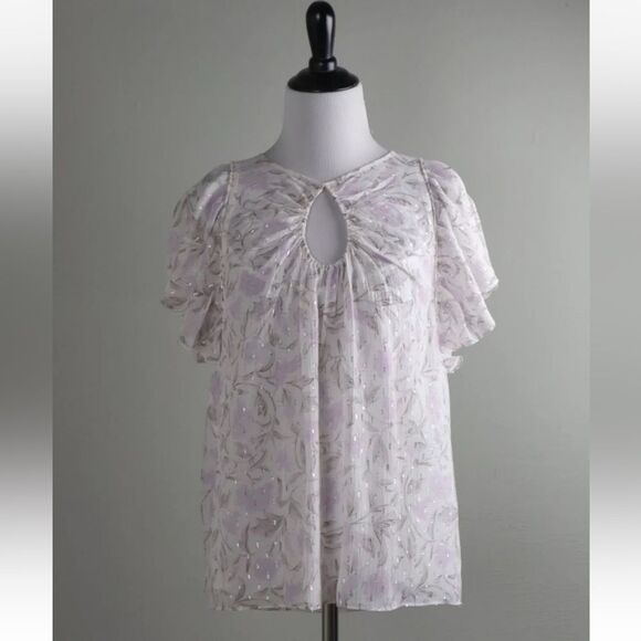 Rebecca Taylor White Flutter Sleeve Blouse with Ruched Bib Collar, US2 - Picture 1 of 8